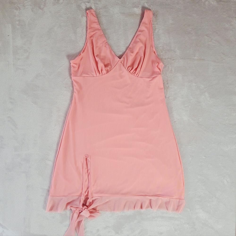 Pink Mesh Sleeveless V Neck Slip Dress Large Bow Coquette